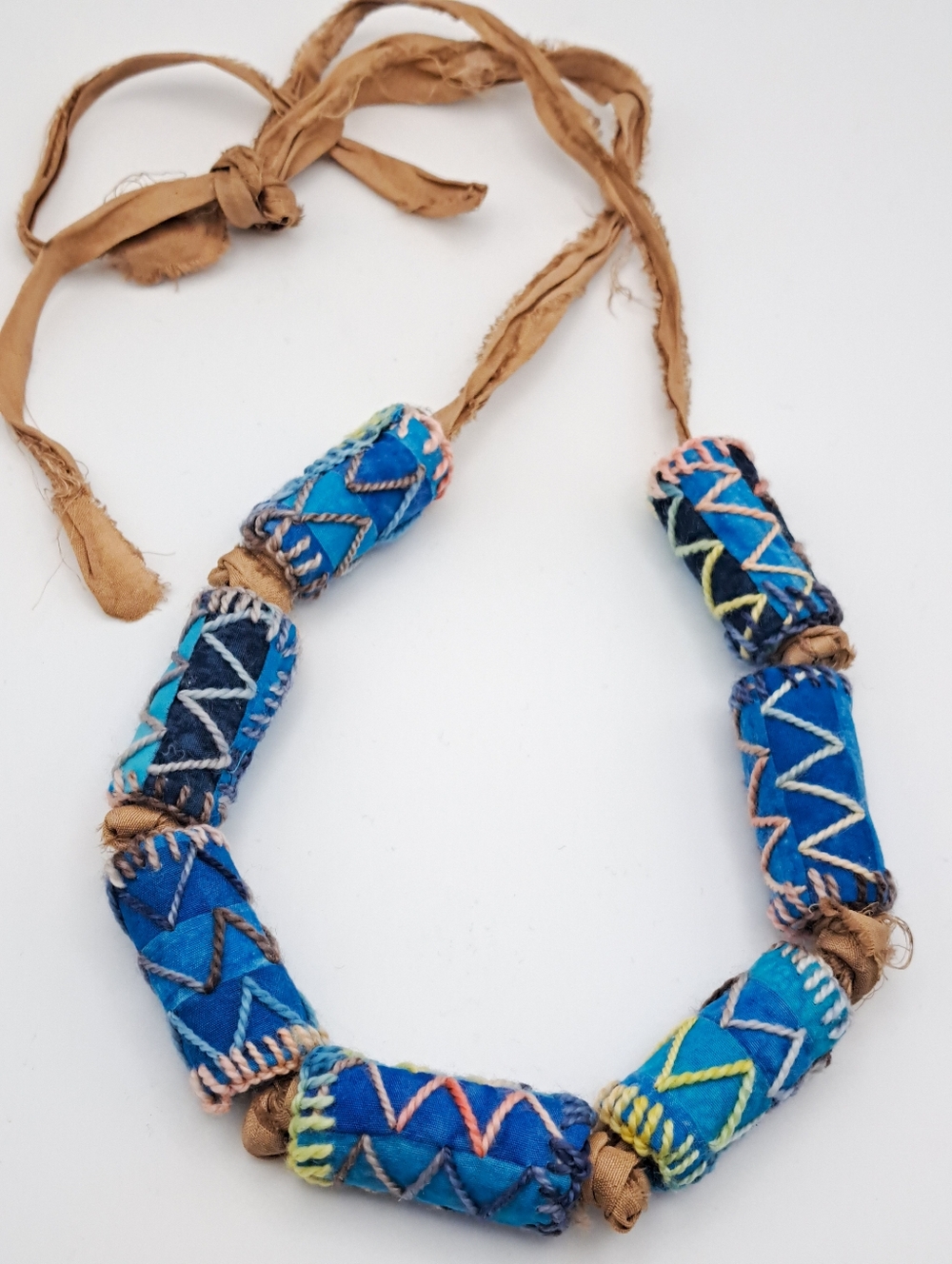 Handmade Blue Beaded Fabric Necklace - Boho Women Accessories